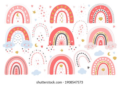 Hand drawn set of different rainbows with hearts, clouds, stars, moon. Cute pastel collection isolated on white background. Adorable vector doodle illustration for Birthday, Valentine's Day, baby room