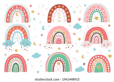 Hand drawn set of different rainbows with hearts, clouds, stars, moon. Cute pastel collection isolated on white background. Adorable vector doodle illustration for Birthday, Valentine's Day, baby room