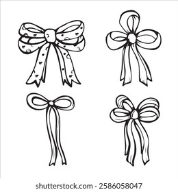 Hand drawn set of different ribbon bows. Vector clip art, doodle style. Design for gift, postcard, invitation.