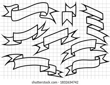 Hand drawn set of different ribbons. Design elements for greeting cards, banners, invitations. Sketch, vector illustration, Each on a separate layer.
