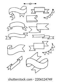 Hand drawn set of different ribbons. Design elements for greeting cards, banners, invitations. Sketch, vector illustration.