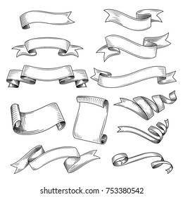 Hand drawn set of different ribbons. Design elements for greeting cards, banners, invitations. Sketch, vector illustration.