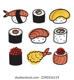 Hand drawn set with different roll and nigiri sushi types, isolated vector illustration in doodle line design