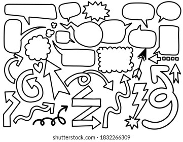 Hand drawn set of different speech bubbles and Arrows ,Stickers of  bubbles and Arrows vector set , Retro Set of Comics Cartoon Vector