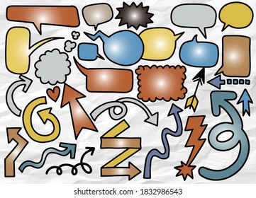 Hand drawn set of different speech bubble sand Arrows ,Stickers of  bubbles and Arrow vector set , Retro Set of Comics Speech and Bubbles Cartoon Vectorr, Each on a separate layer.