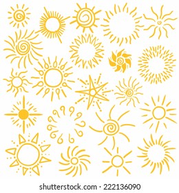 Hand drawn set of different suns isolated. Vector illustration. White backdrop. Elements for design