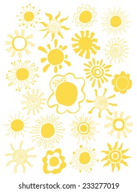 Hand drawn set of different suns isolated. Vector illustration. White backdrop. Elements for design