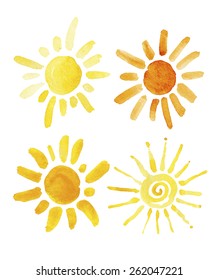 Hand drawn set of different suns isolated. Vector illustration. White backdrop. Elements for design. Watercolor