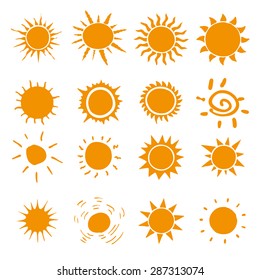 Hand drawn set of different suns isolated. Vector illustration. White backdrop. Elements for design