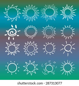 Hand drawn set of different suns isolated. Vector illustration. Elements for design