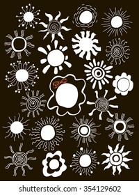 Hand drawn set of different suns isolated. Vector illustration. Black backdrop. Elements for design