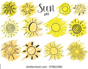 Hand drawn set of different suns, sketch vector illustration isolated on white.