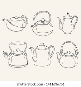 Hand drawn set of different teapots. Illustration of teapots. Line art kettles. Vector.