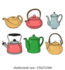 Hand drawn set of different teapots. Colorful kettle illustration. Vector.