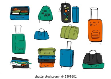 Hand drawn set of different travel bags and suitcases. Vector illustration