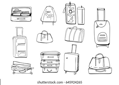 Hand drawn set of different travel bags and suitcases. Vector illustration