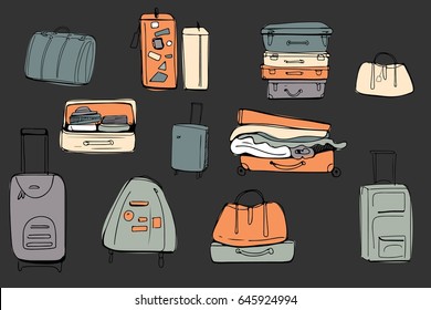 Hand drawn set of different travel bags and suitcases. Vector illustration
