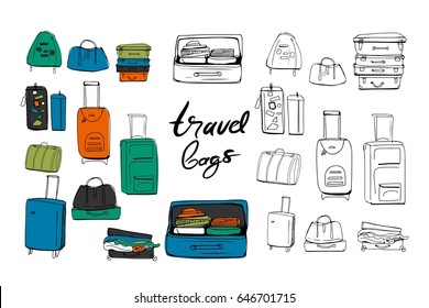 Hand drawn set of different travel bags and suitcases. Vector illustration