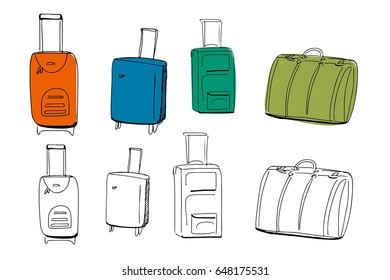 Hand drawn set of different travel bags and suitcases. Vector illustration