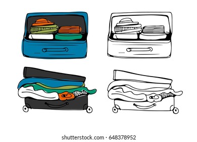 Hand drawn set of different travel bags and suitcases. Vector illustration