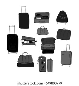 Hand drawn set of different travel bags and suitcases. Vector illustration