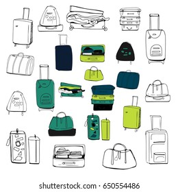 Hand drawn set of different travel bags and suitcases. Vector illustration