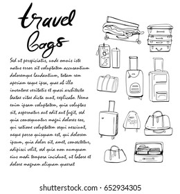 Hand drawn set of different travel bags and suitcases. Vector illustration
