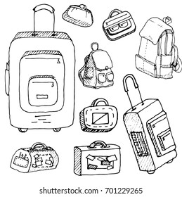 Hand drawn set of different travel bags and suitcases. Vector illustration