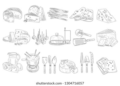 Hand drawn set of different types of cheese. Organic and fresh dairy products. Realistic sketch style icons. Monochrome vector design for decoration