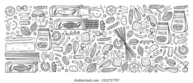 Hand drawn set with different types of pasta. Vector food illustration. May use as a coloring page