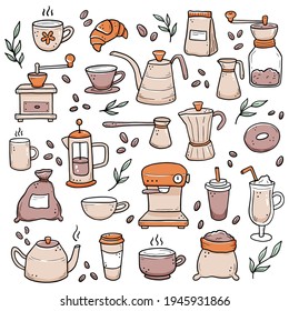 Hand drawn set of different types coffee cup, mug, pot, coffee machine. Doodle sketch style. Isolated vector illustration for coffee shop, cafe, restaurant menu, icon, background.
