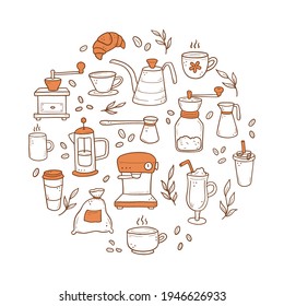 Hand drawn set of different types coffee cup, mug, pot, coffee machine. Doodle sketch style. Isolated vector illustration for coffee shop, cafe, restaurant menu, icon, background.