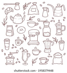 Hand drawn set of different types coffee cup, mug, pot, coffee machine. Doodle sketch style. Isolated vector illustration for coffee shop, cafe, restaurant menu, icon, background.
