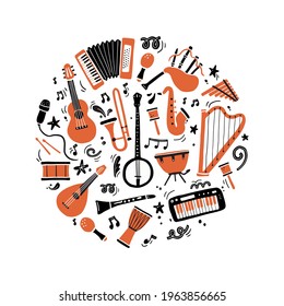 Hand drawn set of different types musical instrument, guitar, saxophone. Doodle sketch style. Isolated vector illustration for music shop icon, musical instrument store, music course, background