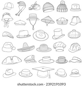 Hand drawn set different types hats Isolated on White Background