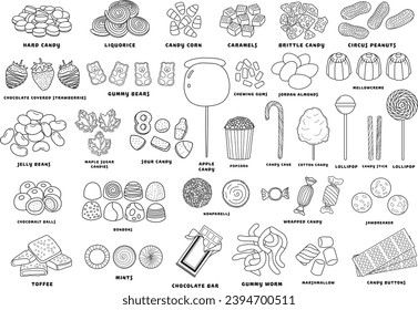 Hand drawn set different types Of candy Collection icon set different types Of sweets in doodle style
