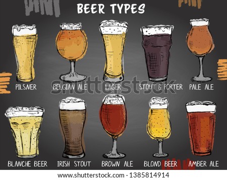 Hand drawn set of different types of glasses for beer on the blackboard background