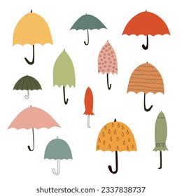 Hand drawn set of different umbrellas in various positions. Open, closed and folded umbrellas. Rain protection parasols for rainy weather. Protecting accessories. Vector illustration, white background