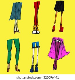 Hand drawn set of different woman legs with various kinds of shoes and clothes isolated on yellow background. Design elements. Textile production. Paper and printed production.