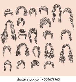 Hand drawn set of different women s hair styles.