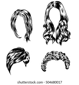 Hand drawn set of different women s hair styles.