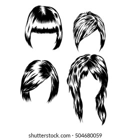 Hand drawn set of different women s hair styles.