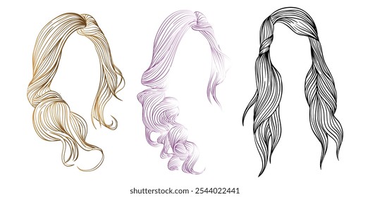 Conjunto desenhado à mão de diferentes estilos de cabelo de mulheres ilustração vetor.