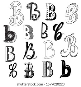 Hand drawn set of different writing styles for letter B. Isolated on a white background. Calligraphy, vintage lettering, 3d letters