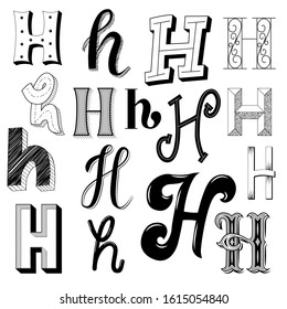 Hand drawn set of different writing styles for letter H. Isolated on a white background. Calligraphy, vintage lettering, 3d letters