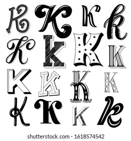Hand drawn set of different writing styles for letter K. Isolated on a white background. Calligraphy, vintage lettering, 3d letters