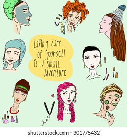 Hand drawn set of different young women taking care of themselves with cosmetics and organic products. It can be used in different make up lines, ads, illustrations for magazines etc.