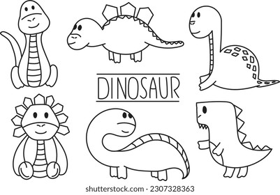 Hand drawn set of dinosaur doodle cute for kids children book . Funny cartoon dino set