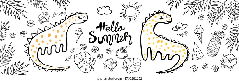 Hand drawn set of dinosaur and tropical leaves on white background. Vector illustration. Perfect for greeting card, postcard, print, banner.