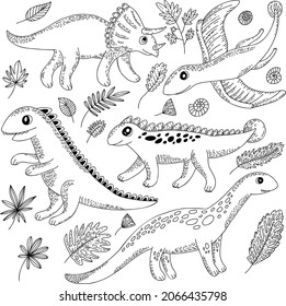 Hand drawn set with dinosaurs. Vector hand drawn outline illustration. Children coloring page